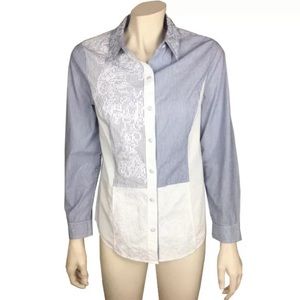 Chicos‎ Blue & White Striped Embroidered Button Front